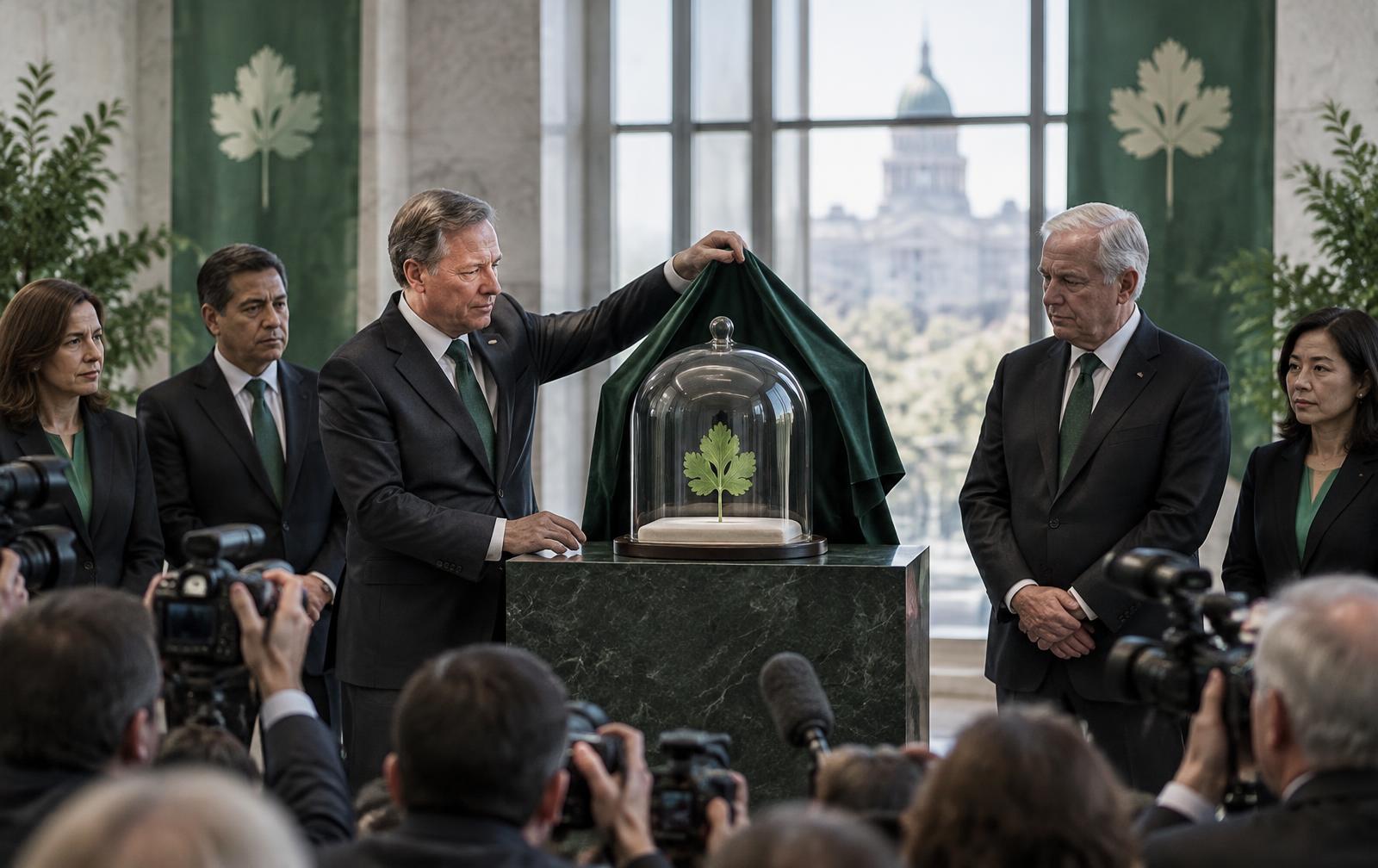 Officials unveil a cilantro leaf beneath a glass dome at a formal press conference