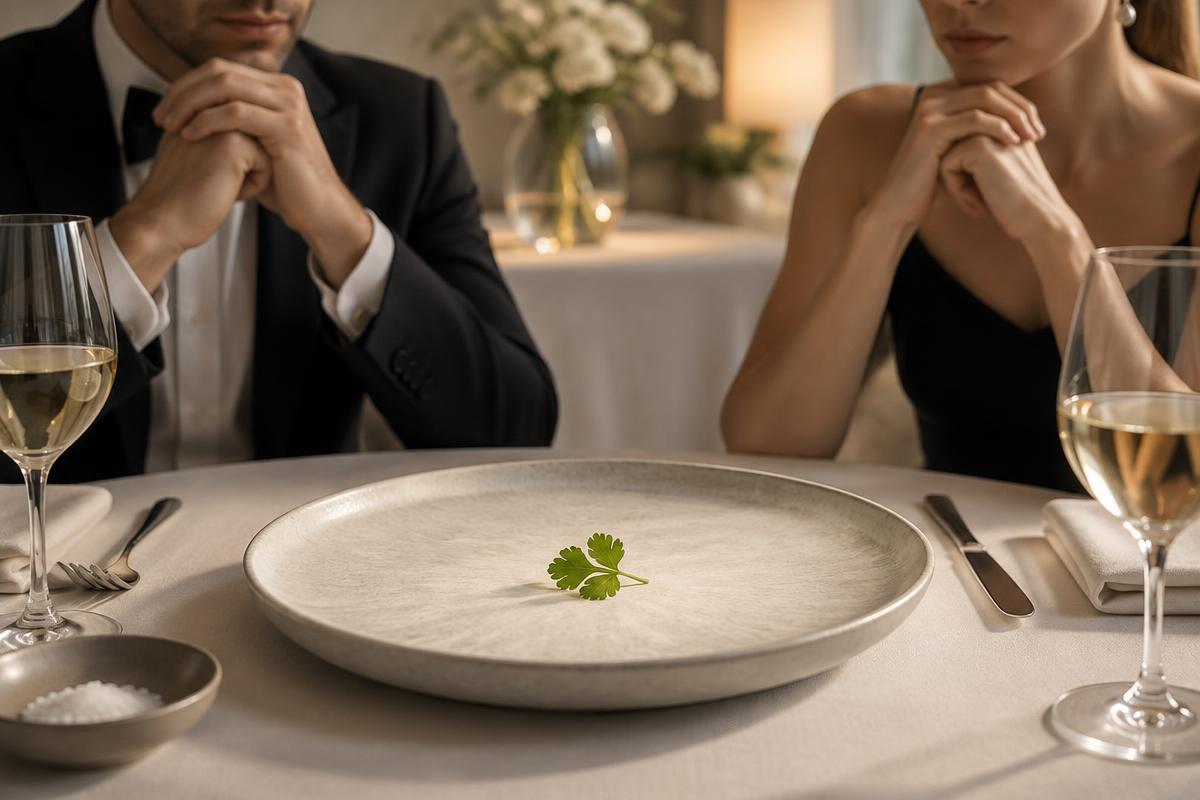 Formal diners contemplate a single cilantro sprig on a large plate