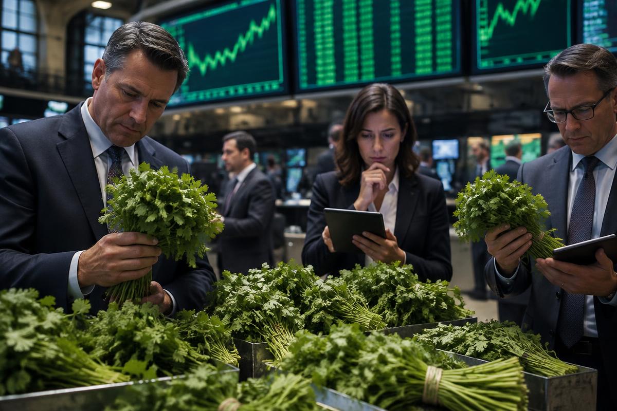 Financial analysts inspect bunches of cilantro on a trading floor